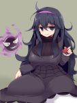  1girl @_@ al_bhed_eyes black_hair blush breasts dress gastly hairband hex_maniac_(pokemon) highres large_breasts long_hair messy_hair npc plump poke_ball pokemon pokemon_(creature) pokemon_(game) pokemon_xy purple_hair sawati smile solo violet_eyes 