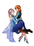  2girls absurdres anna_(frozen) blonde_hair blush couple elsa_(frozen) eye_contact frozen_(disney) hands_on_shoulders high_heels highres hug incest looking_at_another m_yin multiple_girls orange_hair siblings simple_background sisters sitting sitting_on_lap sitting_on_person smirk straddling white_background yuri 