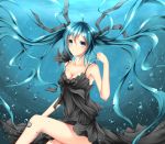  1girl aqua_hair bare_shoulders black_dress black_ribbon blue_eyes breasts closed_mouth collarbone dress hair_ribbon hatsune_miku highres long_hair looking_at_viewer ribbon smile solo twintails underwater vocaloid water wsman 