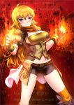  1girl blonde_hair breasts fingerless_gloves fire gloves go-it long_hair rwby smile solo violet_eyes yang_xiao_long 