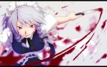  1girl action apron black_legwear blood blood_on_face bloody_knife blue_dress blurry bow braid breasts colored_eyelashes depth_of_field dress dual_wielding frilled_apron green grin hair_bow izayoi_sakuya letterboxed looking_at_viewer maid maid_apron maid_headdress pantyhose red_eyes ribbon short_sleeves silver_hair smile solo touhou twin_braids usui_ryuusan white_background 