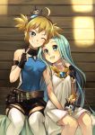  2girls :d ;) ahoge bird black_gloves blonde_hair blue_eyes blue_hair blush dress fingerless_gloves gloves goggles goggles_on_head granblue_fantasy long_hair looking_at_another lyria_(granblue_fantasy) multiple_girls niina_ryou one_eye_closed open_mouth pengi_(granblue_fantasy) penguin short_hair short_shorts short_twintails shorts smile thigh-highs twintails white_dress white_legwear wooden_wall zettai_ryouiki 