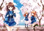  3girls bag blue_eyes brown_eyes brown_hair cherry_blossoms female girlfriend_(kari) green_eyes kurimomo long_hair multiple_girls orange_hair ribbon saeki_marika sagara_emi school_uniform shiina_kokomi short_hair tree twintails two_side_up waving 