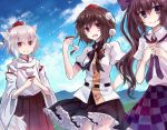  3girls animal_ears black_hair blue_sky bow brown_hair checkered checkered_skirt clouds detached_collar floral_print hair_bow hat hat_ribbon himekaidou_hatate inubashiri_momiji long_hair long_sleeves looking_at_viewer miyakure multiple_girls open_mouth pom_pom_(clothes) puffy_short_sleeves puffy_sleeves red_eyes ribbon sakazuki shameimaru_aya shirt short_hair short_sleeves silver_hair skirt sky smile tail tokin_hat touhou twintails very_long_hair violet_eyes wide_sleeves wolf_ears wolf_tail 