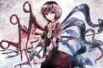  1girl asymmetrical_wings black_dress black_hair bowtie cowboy_shot dress expressionless fuonon gradient gradient_background grey_background highres houjuu_nue looking_at_viewer polearm red_eyes short_hair short_sleeves snake solo touhou trident weapon wings 