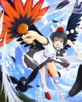  &gt;:d 1girl :d bird black_hair black_wings clouds cloudy_sky crow fan feathers flying hat highres looking_at_viewer masa07240 open_mouth red_eyes shameimaru_aya short_hair skirt sky smile solo tokin_hat touhou tsurime wind wings 