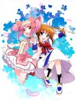  2girls :d blue_eyes bow brown_hair crossover dress feathers gloves hair_ribbon highres kaname_madoka locked_arms long_hair lyrical_nanoha magical_girl mahou_shoujo_lyrical_nanoha mahou_shoujo_madoka_magica multiple_girls open_mouth outstretched_arm pink_eyes pink_hair puffy_sleeves ribbon short_twintails smile takamachi_nanoha twintails 
