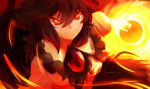  1girl angry black_hair bow breasts closed_mouth energy fire fireball glowing glowing_eyes hair_bow long_hair red_eyes reiuji_utsuho solo third_eye touhou uchisukui very_long_hair 