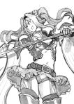  &gt;:d 1girl :d armor belt breasts cleavage cleavage_cutout granblue_fantasy greyscale hair_intakes long_hair monochrome navel niku-name open_mouth polearm showgirl_skirt simple_background smile solo spear twintails weapon white_background zeta_(granblue_fantasy) 