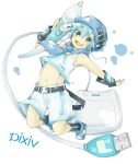  1boy arm_up blue_eyes blue_hair fang hat kadokoa navel open_mouth pencil pixiv pixiv-tan shorts smile socks solo stylus suspenders tablet usb 