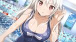  1girl blush breasts cleavage clouds collarbone dutch_angle game_cg hair_tucking hiromi_(sakura_swim_club) large_breasts long_hair looking_at_viewer one-piece_swimsuit open_mouth pool pool_ladder red_eyes sakura_swim_club school_swimsuit solo sparkle swimsuit wanaca wet white_hair 