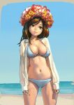  1girl aro_(charged_time_out) bangs beach bikini blue_bikini blue_eyes breasts brown_hair cleavage dress_shirt flower hair_flower hair_ornament head_wreath large_breasts open_clothes open_shirt original outdoors shirt sleeves_past_wrists smile solo swept_bangs swimsuit thighs 