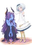 2girls aosa_(momikin) bare_shoulders black_sclera blue_skin boots crying dress flootier long_hair looking_at_another multiple_girls petting pointy_ears purple_hair red_eyes sheeda silver_hair squatting standing summon_night summon_night_5 tears wand white_dress wiping_tears 