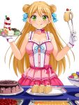  1girl bare_shoulders blonde_hair blush breasts cake cleavage dress food food_on_face fruit gloves green_eyes hisho_collection large_breasts long_hair looking_at_viewer macaron pastry smile solo strawberry_shortcake tongs yokaze_japan 