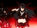  1girl alternate_color bare_shoulders black_hair breasts cleavage commentary_request corruption criss-cross_halter dark_persona elbow_gloves gloves hairband halter_top halterneck headgear kantai_collection karakure_(kamo-nanban) long_hair nagato_(kantai_collection) red_eyes solo 