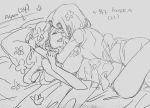  2girls asami_sato avatar:_the_last_airbender character_name couple flower graphite_(medium) hair_flower hair_ornament happy incipient_kiss korra laughing legend_of_korra lying monochrome multiple_girls pillow takashima_hiromi traditional_media yuri 