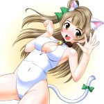  1girl animal_ears bell blush brown_eyes brown_hair cat_ears cat_tail jingle_bell long_hair love_live!_school_idol_project minami_kotori one-piece_swimsuit open_mouth swimsuit tail yukimura_hajime 