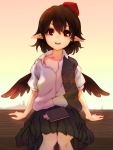  1girl black_hair black_wings gradient gradient_background hat highres looking_at_viewer loose_clothes notebook nuqura open_mouth pointy_ears puffy_sleeves red_eyes shameimaru_aya shirt short_hair short_sleeves sitting skirt smile solo tokin_hat touhou wings 