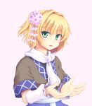  1girl arm_warmers blonde_hair flower gomi_(gomitin) gradient gradient_background green_eyes hair_flower hair_ornament looking_at_viewer mizuhashi_parsee open_mouth pink_background pointy_ears scarf shirt short_sleeves smile solo touhou upper_body white_scarf 