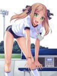  1girl bench blonde_hair boombox breasts buruma green_eyes gym_uniform hair_ornament hair_ribbon hisho_collection large_breasts leaning_forward looking_at_viewer open_mouth ribbon smile solo sweat yokaze_japan 