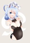  1girl absurdres animal_ears blue_eyes blue_hair blush breasts bunny_tail bunnysuit detached_collar hair_rings highres hole kaku_seiga kemonomimi_mode looking_up nekoro_(nekokabuto) one_eye_closed open_mouth rabbit_ears shawl short_hair simple_background smile solo tail touhou wrist_cuffs 