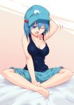  1girl arm_up blue_eyes blue_hair breasts cleavage hair_bobbles hair_ornament hat kawashiro_nitori masa07240 one_eye_closed open_mouth scratching_head short_hair shorts sitting solo tank_top tears touhou two_side_up yawning 