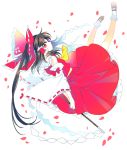  1girl arms_behind_back bobby_socks bow brown_hair detached_sleeves falling full_body gohei hair_bow hakurei_reimu holding long_hair mary_janes muzuki_uruu nontraditional_miko petals ponytail profile red_bow red_skirt shoes skirt skirt_set socks solo touhou very_long_hair white_background white_legwear wide_sleeves 