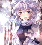  1girl blue_eyes blush colored hat lavender_hair letty_whiterock long_sleeves looking_at_viewer open_mouth puffy_sleeves shirt short_hair sketch smile snowing solo sweetroad touhou turtleneck upper_body vest 