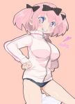  +_+ 1girl blue_eyes blush bow breasts buruma commentary_request dakumata grin hair_bow hair_ribbon hibari_(senran_kagura) large_breasts looking_at_viewer pink_hair ribbon senran_kagura senran_kagura_(series) short_hair short_twintails smile solo symbol-shaped_pupils track_jacket twintails 