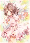  1girl :3 animal_ears blush border brown_hair carrot_necklace colored_pencil_(medium) daisy dress finger_to_cheek floral_background flower gradient gradient_background inaba_tewi looking_at_viewer marker_(medium) petals pink_dress potto_(minntochan) puffy_short_sleeves puffy_sleeves rabbit_ears red_eyes sample short_hair short_sleeves solo touhou traditional_media watercolor_(medium) 