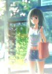  1girl absurdres bag black_hair blue_eyes blurry commentary_request depth_of_field earphones earphones highres long_hair looking_at_viewer optical_core original shirt shopping_bag short_pants solo white_shirt 