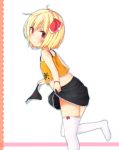  1girl alternate_costume back black_panties blonde_hair blush bracelet crop_top hair_ornament hair_ribbon jewelry kyuu-fairy000 leg_up looking_at_viewer looking_back miniskirt panties panties_removed red_eyes ribbon rumia short_hair skirt skirt_lift sleeveless smile solo standing_on_one_leg thigh-highs touhou underwear white_background white_legwear zettai_ryouiki 