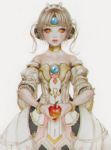  1girl apple bare_shoulders blush bracelet braid closed_mouth code:_empress_(elsword) crown dress elsword eve_(elsword) food french_braid fruit grey_hair holding holding_fruit jewelry laphet long_hair looking_at_viewer portrait red_lips solo strapless_dress white_background white_dress white_hair yellow_eyes 