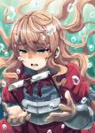  1girl armor blonde_hair blue_eyes bubble crying crying_with_eyes_open floating_hair glasses kanpani_girls long_hair monique_waroquier sad shaun_(fallenicons) solo tears underwater 