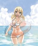  1girl bikini blonde_hair breasts brown_eyes cleavage fairy_tail front-tie_bikini front-tie_top innertube large_breasts long_hair lucy_heartfilia mashima_hiro navel ocean official_art smile solo swimsuit tattoo water 