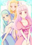  3girls amawa_kazuhiro bangs blonde_hair blue_dress blue_eyes blue_hair bow chieri_(go!_princess_precure) commentary_request dress go!_princess_precure highres long_hair multiple_girls parted_bangs pink_bow pink_dress pink_eyes pink_hair precure sei_(go!_princess_precure) smile v_arms yellow_eyes yura_(go!_princess_precure) 