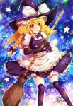  1girl :o black_gloves black_legwear blonde_hair bow braid broom dress elbow_gloves gloves hair_bow hat hat_bow highres kirisame_marisa kneehighs long_hair looking_at_viewer mayonaka_taruho open_mouth signature single_braid solo star touhou triangle_mouth twitter_username witch_hat yellow_eyes 