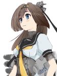  1girl 2015 4suke akizuki_(kantai_collection) artist_name blue_eyes brown_hair clothes_writing corset dated hair_intakes hair_ornament hairband kantai_collection long_hair open_mouth puffy_short_sleeves puffy_sleeves school_uniform serafuku short_sleeves simple_background smile solo upper_body white_background 