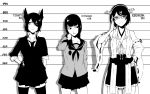  3girls adjusting_glasses bangs blunt_bangs detached_sleeves eyepatch fingerless_gloves glasses gloves hand_on_hip hand_on_neck headgear height_chart height_difference highres kantai_collection kirishima_(kantai_collection) kitakami_(kantai_collection) kofunami_nana looking_at_viewer monochrome multiple_girls necktie no_legwear nontraditional_miko parted_lips school_uniform serafuku short_hair skirt smile tenryuu_(kantai_collection) thigh-highs 