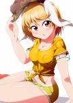  1girl adapted_costume animal_ears blonde_hair breasts bwell cleavage collarbone extra_ears hat hat_removed headwear_removed large_breasts looking_at_viewer midriff navel pink_eyes rabbit_ears ringo_(touhou) shirt short_hair short_shorts short_sleeves shorts sitting solo tied_shirt touhou 