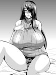  1girl bare_shoulders bed blush bracelet breasts huge_breasts jewelry long_hair looking_at_viewer glasses_man mole monochrome original ribbed_sweater smile solo sweater sweater_vest thighs 