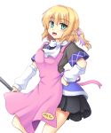  1girl adapted_costume apron arm_warmers blonde_hair gomi_(gomitin) green_eyes hand_on_hip looking_at_viewer mizuhashi_parsee open_mouth pointy_ears scarf shirt short_sleeves simple_background skirt smile solo touhou white_background 