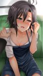  1girl black_hair blush breasts cleavage collarbone commentary_request couch downblouse hand_in_hair hand_on_another&#039;s_shoulder idolmaster inu_(marukome) kikuchi_makoto off_shoulder open_mouth pov_hands shirt shorts sitting solo_focus strap_slip sweat violet_eyes 