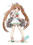  1girl 4suke :o alternate_skin_color brown_eyes brown_hair dress hair_ornament hair_ribbon kantai_collection libeccio_(kantai_collection) long_hair open_mouth ribbon sailor_dress simple_background solo turret twintails very_long_hair white_background white_dress 