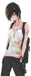  1girl backpack bag black_pants brown_hair casual cowboy_shot floral_print hands_in_pockets highres jewelry kase-san kase_(kase-san) looking_away necklace official_art pants pendant short_hair sleeveless solo takashima_hiromi tattoo very_short_hair white_background 