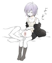  2boys :d bare_shoulders black_legwear closed_eyes erubo hand_on_another&#039;s_head lap_pillow multiple_boys off_shoulder open_mouth original otoko_no_ko petting purple_hair short_hair simple_background smile socks white_background 