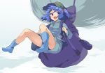  1girl backpack bag blue_boots blue_eyes blue_hair boots convenient_leg flying full_body hair_bobbles hair_ornament hasebe_yuusaku hat kawashiro_nitori long_sleeves looking_at_viewer open_mouth rubber_boots shirt skirt skirt_set smile solo touhou twintails 