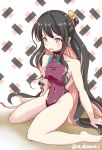  1girl akai_akasaki bad_anatomy black_hair kantai_collection long_hair multicolored_hair naganami_(kantai_collection) one-piece_swimsuit pink_hair sitting swimsuit turtleneck two-tone_hair wariza 