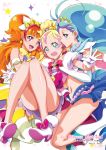  3girls :d amanogawa_kirara aqua_eyes bare_shoulders blonde_hair blue_eyes blue_hair choker cover cover_page cure_flora cure_mermaid cure_twinkle doujin_cover earrings gloves go!_princess_precure haruno_haruka highres jewelry kaidou_minami kaishaku legs looking_at_viewer magical_girl midriff multicolored_hair multiple_girls navel open_mouth orange_hair pink_hair ponytail precure redhead smile star star_earrings twintails two-tone_hair violet_eyes white_gloves 