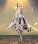 blonde_hair detached_sleeves fate/grand_order fate/stay_night fate_(series) gauntlets grey_eyes hair_ribbon high_heels highres leg_armor light light_particles mizu_(dl7613) reflection ribbon ripples saber saber_lily skirt standing_on_one_leg sword thigh-highs weapon 